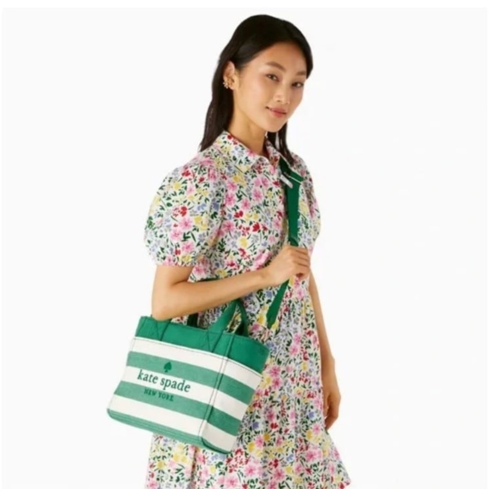 Kate Spade Jett Green Striped Canvas Tote Purse.
